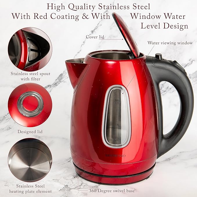 Mixpresso Stainless Steel Electric Kettle Red Color, Cordless Pot 1.7L Portable Electric Hot Water Kettle, 1500w Strong Fast Boiling Pot, Water Boiler, Electric Tea Kettle With Boil Dry Protection
