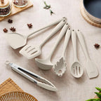 Herogo Silicone Cooking Utensils Set, 7-Piece Kitchen Utensils Set, Heat Resistant Cooking Gadget Tools Slotted Turner, Spoon, Soup Ladle, Pasta Server, Spatula, Tongs for Nonstick Cookware, Khaki