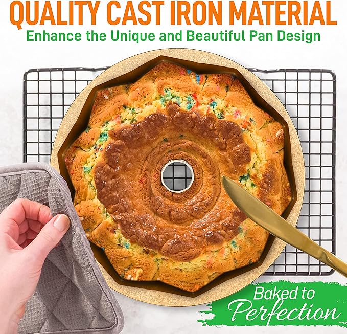 NutriChef 9-Inch Cake Pan - Thick and Heavy Cast Aluminum Bakeware Cake Mold with 2 Layers of Nonstick Coating - French Wreath Design for Uniform Baking Up To 500 Degrees - Easy to Clean, Gold