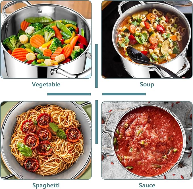 E-far 6 Quart Stock Pot with Lid, Stainless Steel Stockpot for Cooking Simmering Soup Pasta Sauce, with Tri-Ply Bottom & Visible Cover, Induction/Gas/Dishwasher Safe, Heavy Duty & Non Toxic