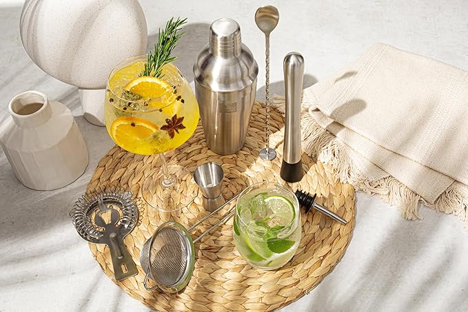 Vacu Vin Cocktail Set Plus – 7-Piece Bartender Kit with Stainless Steel Tools – Includes Shaker, Jigger, Muddler, Strainer, Pourer, Sieve, and Bar Spoon – Dishwasher Safe Home Bar Set