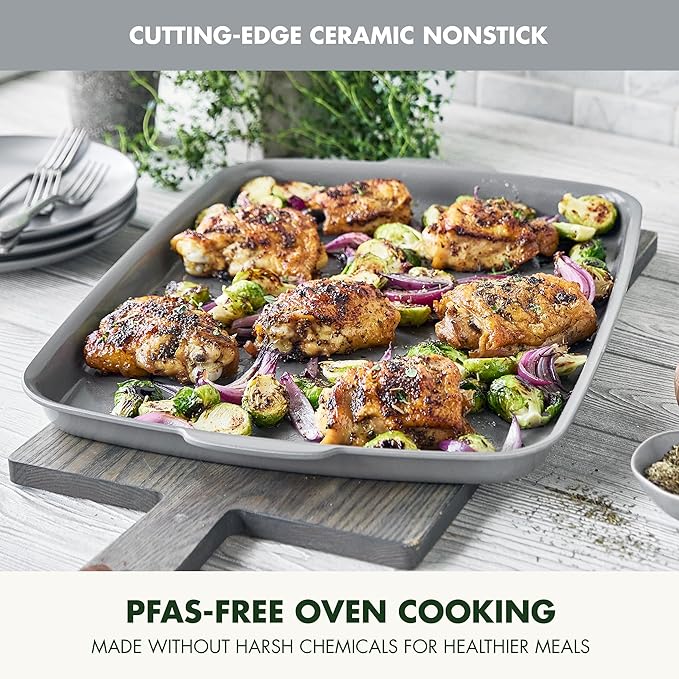 GreenPan Premiere Ovenware Healthy Ceramic Nonstick 18" x 13" Half Rectangular Baking Pan, PFAS-Free, Warp-Free Bakeware, Durable Quick Heating Tray, Oven Safe to 600F, Dishwasher Safe, Gray