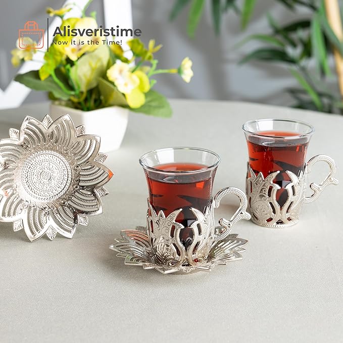Alisveristime (Set of 2 Turkish Tea Set with Zamac Holders, Glass Cups, and Saucers – Ahsen Ottoman Design, 100ml Capacity, Available in Gold or Silver Color (Silver)