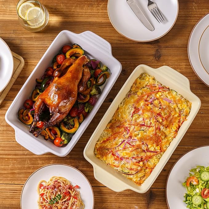 Casserole Dishes for Oven Microwave, Porcelain Baking Dishes with Handles, Rectangular Deep Lasagna Pans, Premium Ceramic Bakeware, Yellow 2.9 Qt (8.46"x14.56") Housewarming Gift