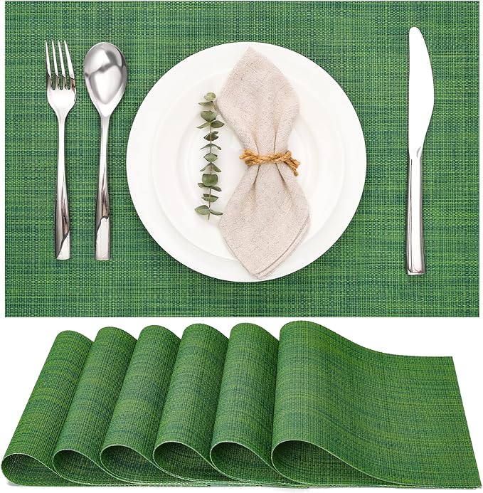 Myir JUN Placemats Set of 6, Vinyl Woven Placemats Place Mats Indoor Washable Table Mats Non-Slip Place mats for Dining Table (Dark Green, Set of 6)