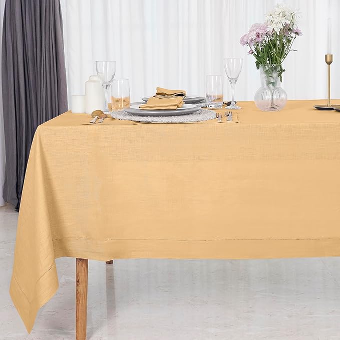 D'Moksha Homes Beige Linen Tablecloth 60 x 156 Inch - 100% Pure Linen Beige Tablecloth for Rectangle Tables - Classic Hemstitch, Machine Washable Table Cloth for Summer, Fall and Halloween