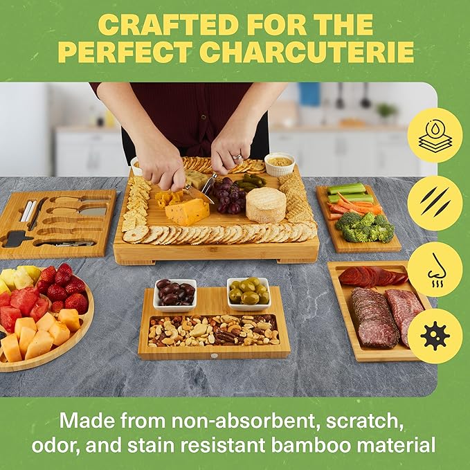 Dynamic Gear Charcuterie Boards with Drawers - Expandable Bamboo Cheese Board Set with Stainless Steel Utensils, Ceramic Bowls, Serving Trays, Utensil Drawer, and Appetizer Tray - 4 Hidden Drawers