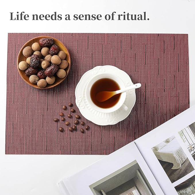 Leetaltree Burgundy Placemats Set of 12 - Heat Resistant Non-Slip Place mats for Dining Table, Washable Durable PVC Vinyl Woven Table Mats（Burgundy, 12）