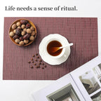 Leetaltree Burgundy Placemats Set of 12 - Heat Resistant Non-Slip Place mats for Dining Table, Washable Durable PVC Vinyl Woven Table Mats（Burgundy, 12）