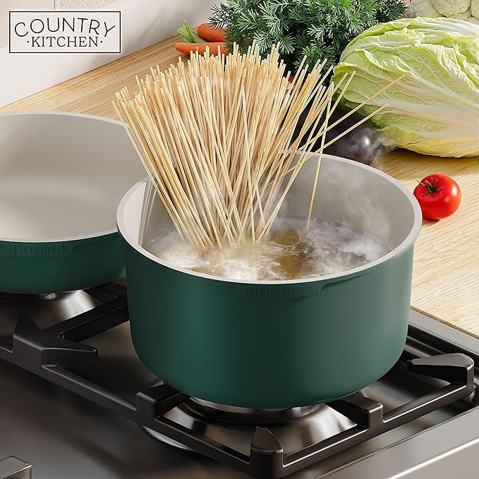 Country Kitchen Cookware Set with Removable Handle, Oven & RV Safe Pots and Pans Set, Sage Wood Handle, Original