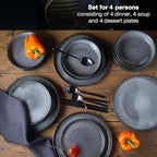 VIDA 12-Piece Porcelain Dinnerware Plate Set for 4 | Includes 4 Dinner Plates, 4 Dessert Plates, 4 Bowls | Modern Grey Ceramic Tableware, Stoneware Look, Microwave & Dishwasher Safe Dishes