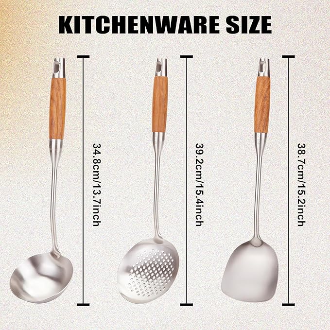FJNATINH Wok Utensils - Wok tTools - Spatula and Ladle, Skimmer Spoon Set Metal 304 Stainless Steel Kitchen Cooking Utensils Sets, 3-Pieces Wok Tools, Wooden Handle 14-15 Inch