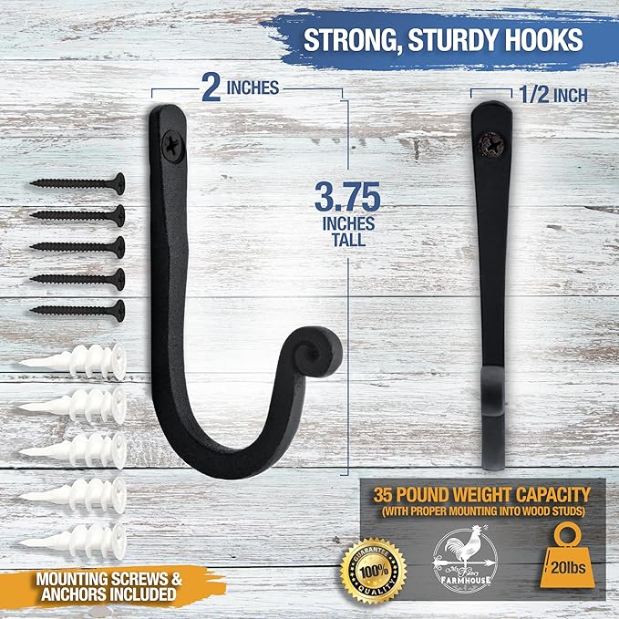 Larger Railroad Spike Cast Iron Hooks (10 Pack) Handmade Blacksmith, Wall Mounted, Farmhouse Decor Cast Iron Wall Hooks, Vintage Hooks for Hanging (Black)