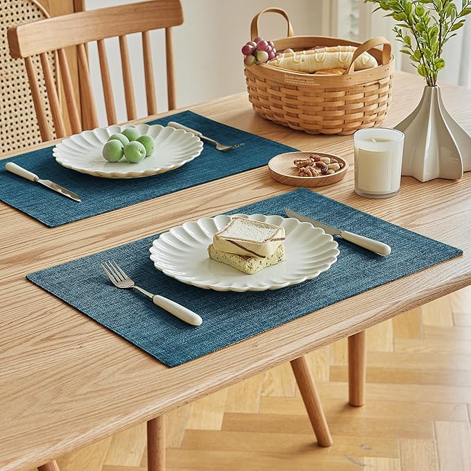 Softalker Faux Linen Placemats Set of 8-12 x 18 Inch, Heat Resistant Double Layered Durable Burlap Farmhouse Place Mats, Non-Slip Washable Rustic Table Mats for Dining, Kitchen, Party（Teal