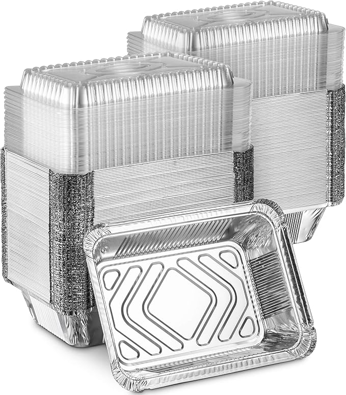 MontoPack Disposable Takeout Pans with Clear Lids | 2lb Capacity Aluminum Foil Food Drip Container with Strong Seal for Freshness & Spill Resistance | Earth, Eco-Friendly & Recyclable 100Pack 8x5.5”