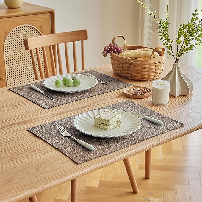 Softalker Faux Linen Placemats Set of 6-12 x 18 Inch, Heat Resistant Double Layered Durable Burlap Farmhouse Place Mats, Non-Slip Washable Rustic Table Mats for Dining, Kitchen, Party,Natural Linen