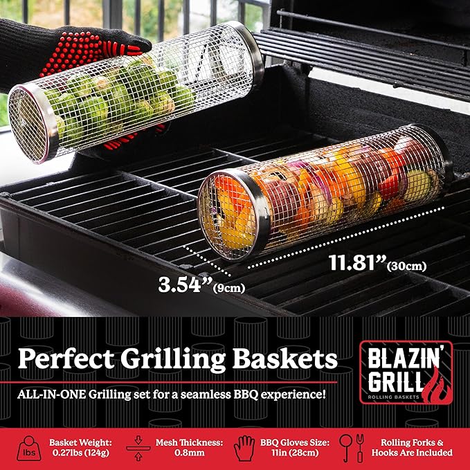 BLAZIN' GRILL Rolling Grill Basket | 2 x Grilling Basket & Smoker Accessories | Grill Baskets for Outdoor Grill with BBQ Gloves | Barbecue Grill baskets for Vegetables, Seafood & Meat