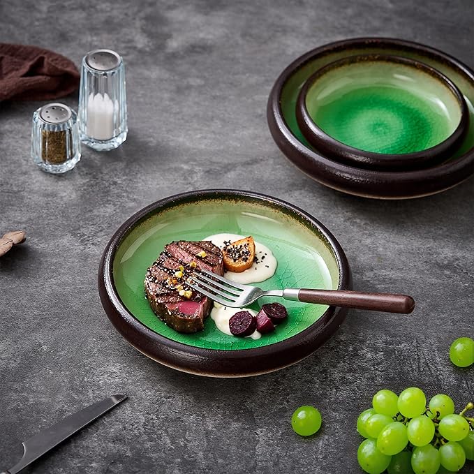 Ceramic Dinner Plates Set of 4, 8 Inch Large Porcelain Pasta and Salad Plates, Stoneware Plate Set for 4, Handmade Round Dishes for Home Decor, Microwave,Oven,and Dishwasher Safe, Green