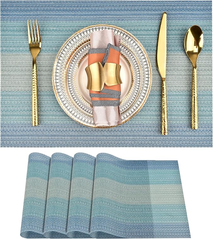 Placemats Set of 4 - Easy Clean Washable Vinyl Placemats - Wipeable Heat Resistant Table Mats for Dining Table - 17.7x11.8 Inch (4, Blue Gradient)