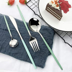 JASHII Flatware Serving Set 24 Piece, Stainless Steel Silverware Set, Mint Green Silver Cutlery Set, Modern Elegant Tableware Set for Party, Christmas, Dinner (Mint Green Silver)