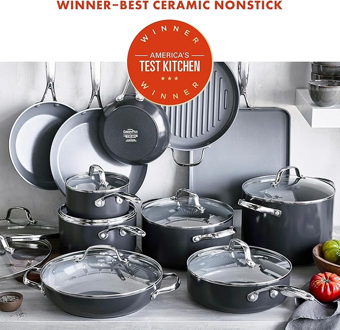 GreenPan 22 Piece Valencia Pro Ceramic Nonstick Cookware Set, PFAS-Free, Induction Ready, Hard Anodized Pots & Pans with Lids, Compatible on All Cooktops, Dishwasher & Oven Safe, Gray