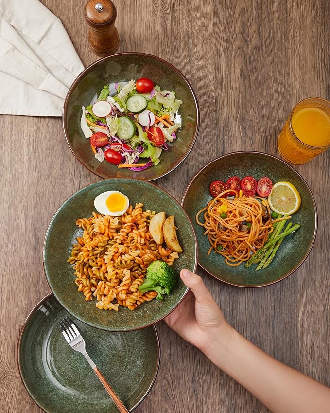 12 Piece Dinnerware Sets with Pasta Bowls, Stain Resistant Dish Set, Easy Cleaning Dishes, Multi-Functional Plate and Bowl Set, Stack Compactly Plates, Service for 4 Sage Green