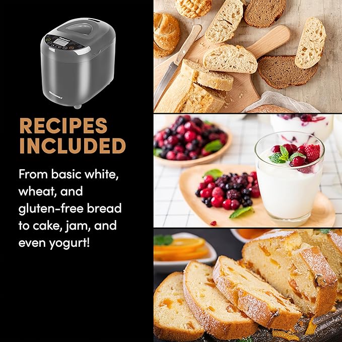 Elite Gourmet EBM8103CG Programmable Bread Maker CERALAST™ Ceramic Bread Pan & Kneading Blade 19 Menu Functions Gluten-Free, White, Wheat, Rye, French & more, 2lbs, Grey