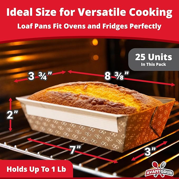 Chef-Grade Elegant 1Lb Paper Loaf Pans 25 Pk. Best Disposable Bakeable Kraft Pan Supply for Baking Bread, Small Meatloaf, Lemon Bundt Cake, Sweets for Holiday Gifts, Bake Sales or Fundraiser.