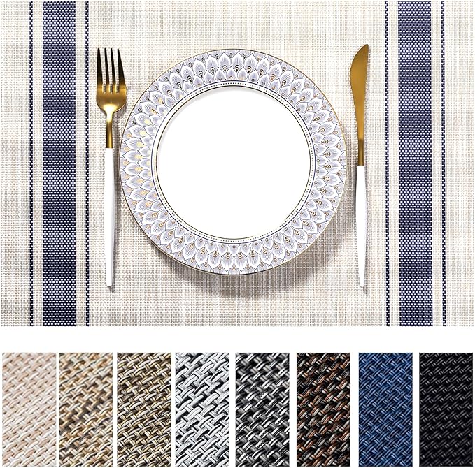 LEXMORE Placemats Set of 8 Vinyl/Plastic Woven Place Mats for Kitchen Table Indoor/Outdoor Washable Placemat Wipeable Dining Table Mats(Blue Skyline)