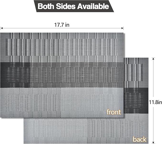 Placemats Set of 8 - Easy Clean Washable Vinyl Placemats - Heat Resistant Placemats for Kitchen Table - PVC Table Mats for Dining Table (Black and Gray, 8)