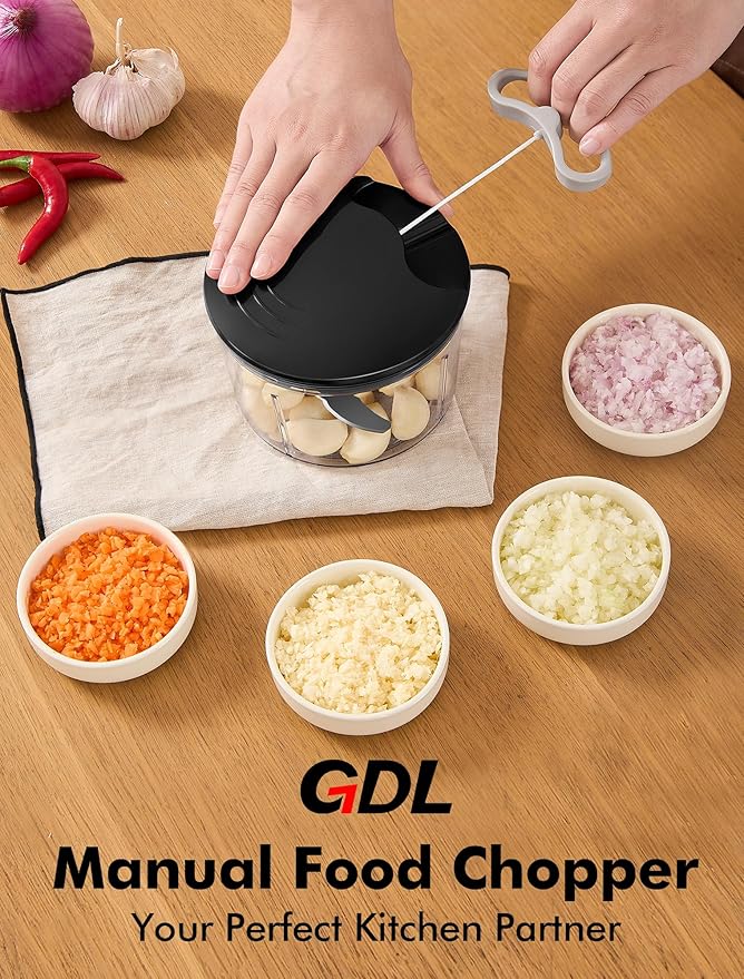 GDL Food Chopper, Pull Onion Chopper Dicer, Hand Powered Food Chopper, Fast Cutting Hand Chopper Mincer for Oinon, Garlic, Nut, 3.4 Cups 0.8L, Black