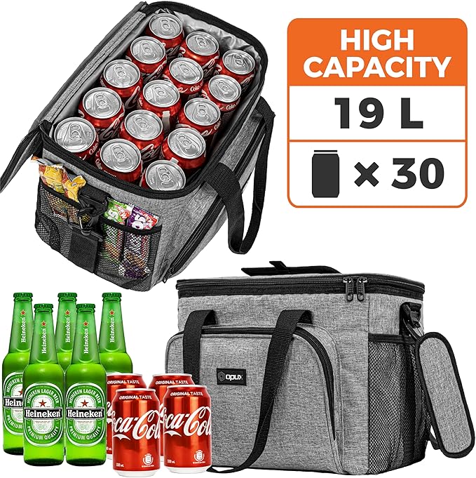 OPUX Soft Cooler Bag, Insulated Collapsible Lunch Cooler Tote for Men Work Camping Beach Travel, Portable Soft Sided Leakproof Waterproof Large Lunch Bag Box with Shoulder Strap 30 Cans, Heather Gray