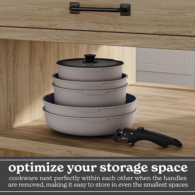 Country Kitchen Cookware Set with Removable Handle, Oven & RV Safe Pots and Pans Set, Grey/Black, Original