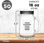 DISCOUNT PROMOS Custom Libbey Handle Mason Jars w/Lids 16 oz. Set of 50, Personalized Bulk Pack - Traditional style, High standard - Clear