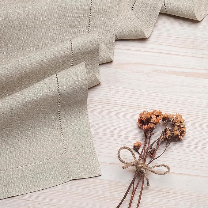 D'Moksha Homes Linen Natural Table Runner 102 Inches Long - 100% Pure Linen Hemstitch 14 x 102 Inch Table Runner for Dining, Summer, Fall and Halloween - Classic Hemstitch