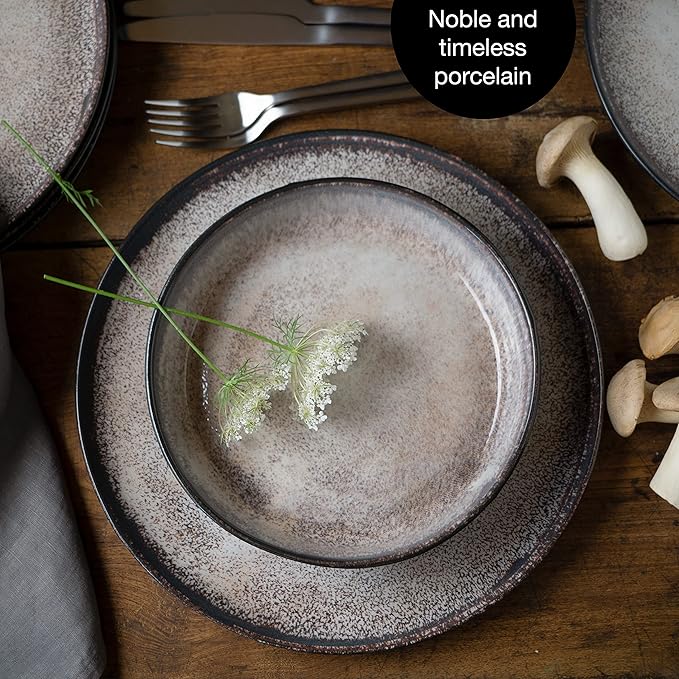 VIDA 12-Piece Porcelain Dinnerware Plate Set for 4 | Includes 4 Dinner Plates, 4 Dessert Plates, 4 Bowls | Modern Beige Ceramic Tableware, Stoneware Look, Microwave & Dishwasher Safe Dishes