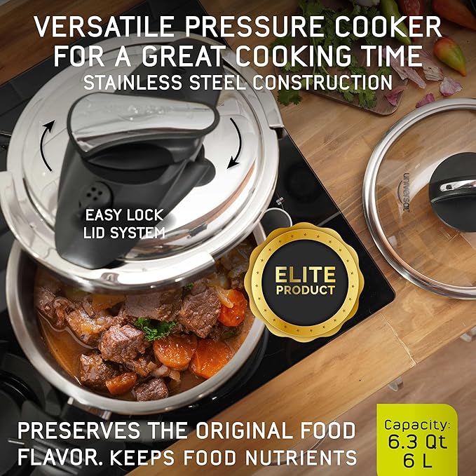 Universal (6.3 Quart / 6 Liter) Stainless Steel Easy Use Pressure Cooker + Extra Glass Lid, Induction Compatible, Pressure Cooker & Multipurpose Pot, 7 servings