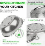 Premium 18/8 304 Stainless Steel Micro-Perforated Small and Big Colander Set of 4 with rings - 3.5-5.5-7.5-9.5 Quart Set, Self-Draining Solid Base for Pasta, Fruits, Vegetables