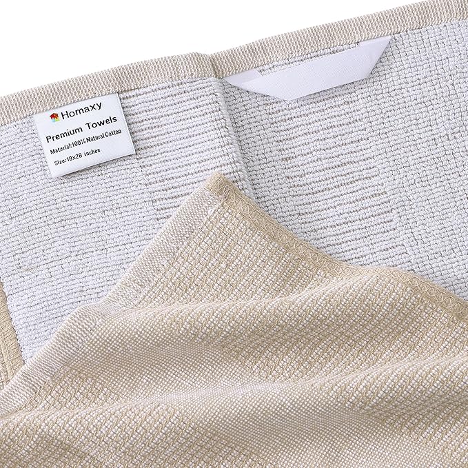 Homaxy Premium Kitchen Towels(18”x 28”, 8 Pack), Large Cotton Kitchen Hand Towels, Flat and Terry Dish Towels, 380 GSM Highly Absorbent Tea Towel Set with Hanging Loop, Khaki