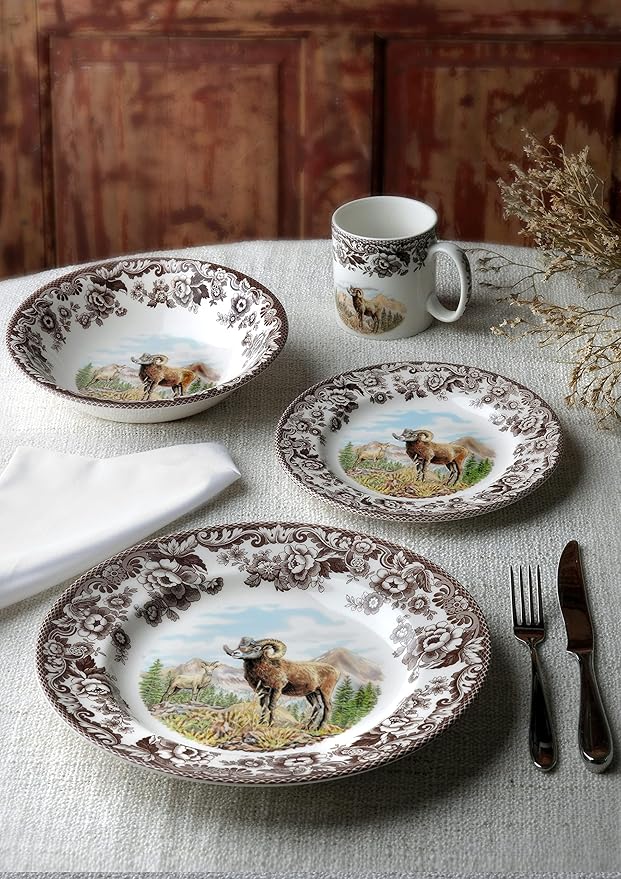 Spode Woodland Bighorn Sheep Salad Plate - 8" Fine Earthenware, British Flowers Border, Rustic Game Animal Design Made in England - Microwave, Oven, Freezer, Dishwasher Safe for Holiday Dining