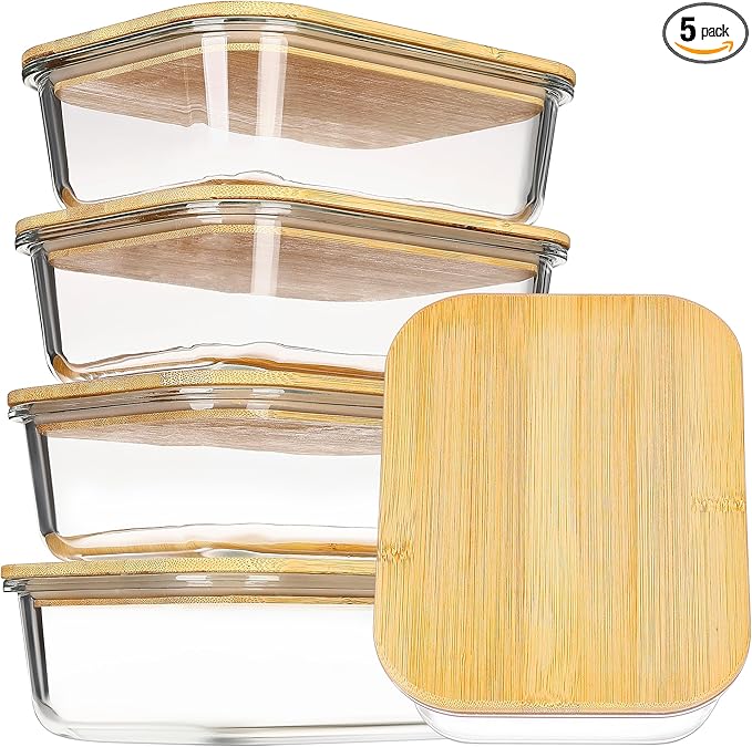 Vtopmart 5 Pack 35oz Glass Containers with Bamboo Lids, Meal Prep Food Storage Containers, BPA Free, Microwave & Dishwasher Safe
