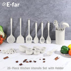 E-far Silicone Cooking Utensils Set, 25 Piece Kitchen Utensils with Holder, Non Toxic Kitchen Tools Spatula, Turner, Spoon, Ladle for Nonstick Cookware, Heat Resistant & Dishwasher Safe - White