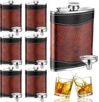 Rtteri 6 Set 8 oz Leather Hip Flasks for Liquor for Men Leak Proof Stainless Steel Drinking Flasks with Funnel Soft Wrap Whiskey Vessels for Wedding Bridesmaid Christmas Gifts (Brown)