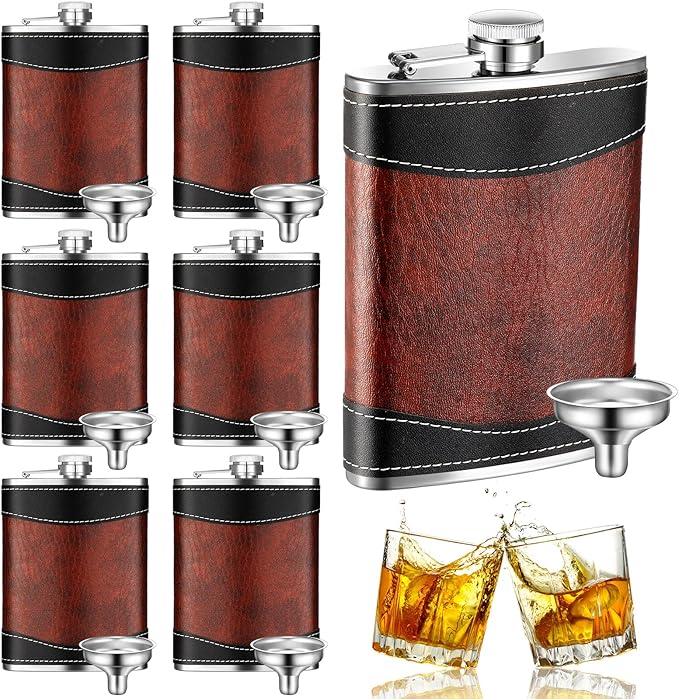 Rtteri 6 Set 8 oz Leather Hip Flasks for Liquor for Men Leak Proof Stainless Steel Drinking Flasks with Funnel Soft Wrap Whiskey Vessels for Wedding Bridesmaid Christmas Gifts (Brown)