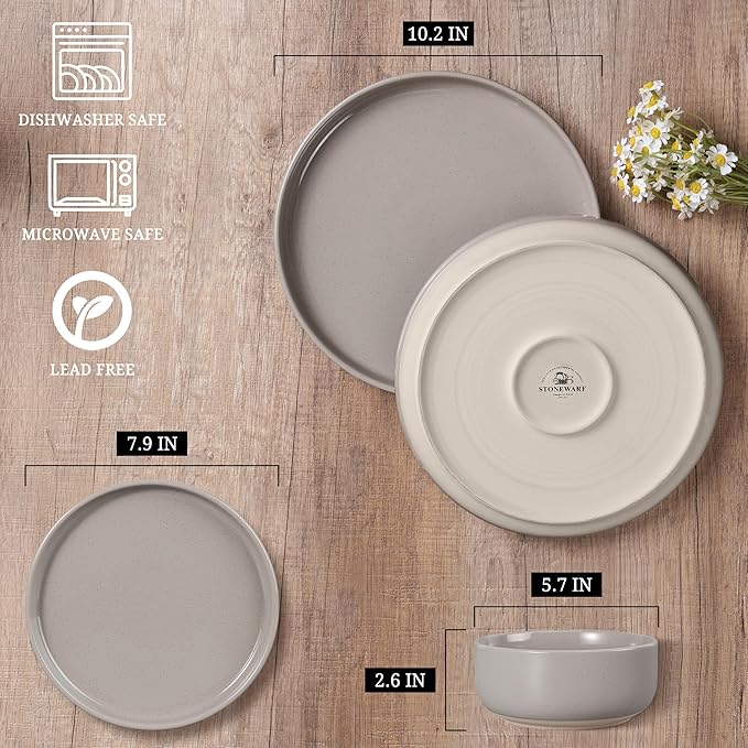 HaWare Stoneware Dinnerware Sets, 24-Piece Plates and Bowls Set for 8, Dishes Set for Home Restaurant, Speckled Cream Coffee