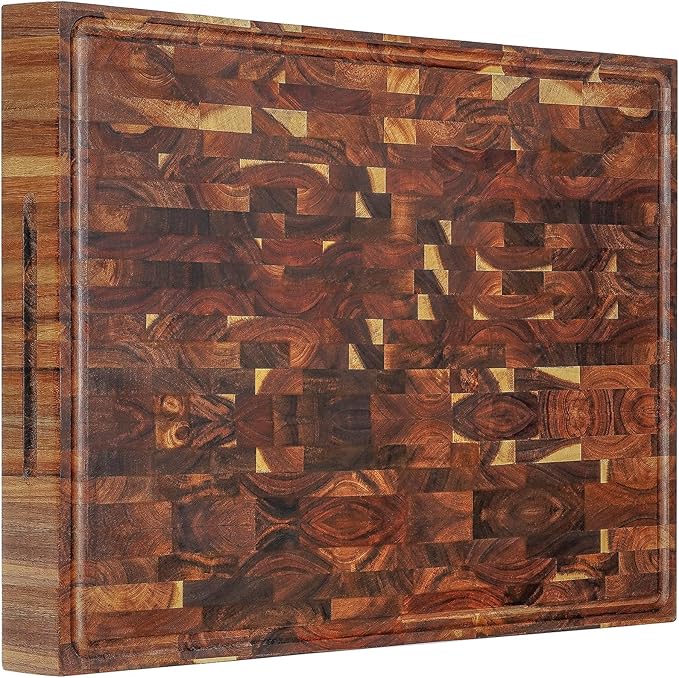AZRHOM Thick End Grain Acacia Wood Cutting Board 24x18x2 In, Wooden Butcher Block, Chopping Board For Kitchen with Juice Groove Handles Non-Slip Pats (Gift Box)