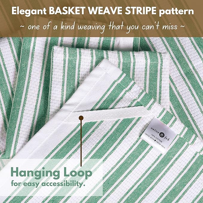Native Fab Cotton Kitchen Towels - 16x26 inches - Set of 12 - Basket Weave Stripe Dish Towels for Cleaning, Drying Dishes, Absorbent Dish Cloths Set with Hanging Loop - Royal Green