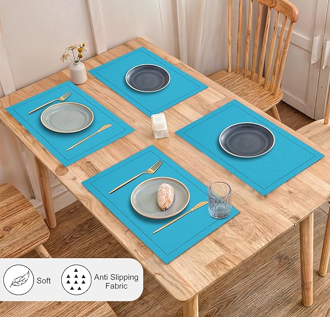 Ruvanti Linen Placemats Set of 6-13x19 Inch, Classic Hemstitch, Heat ‎Resistant Machine Washable Place Mats, Soft & Elegant- Perfect for Christmas, ‎Thanksgiving, Easter, Weddings, Dinner - Blue