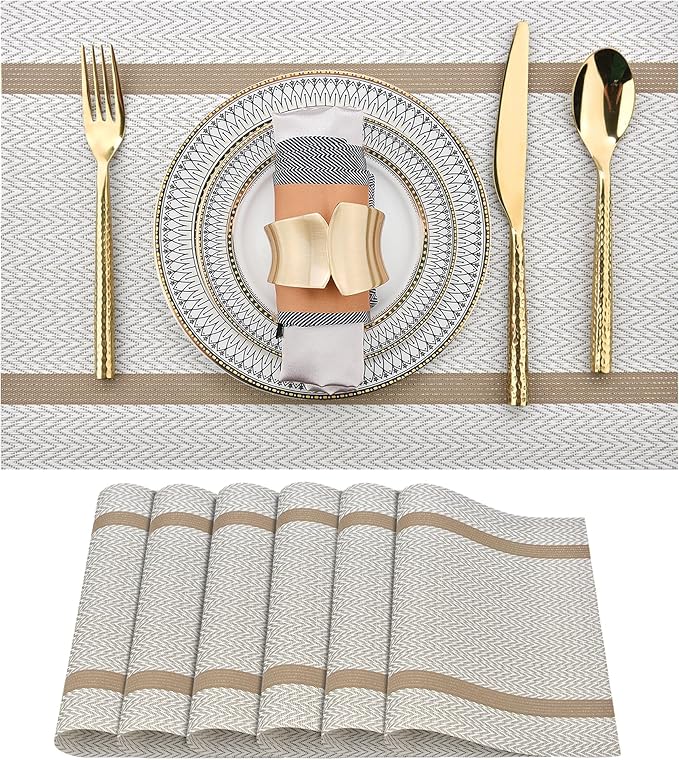 Beige White Placemats Set of 6 - Easy Clean Modern Durable Washable Vinyl Place Mats - Heat Resistant Placemats for Kitchen Table - PVC Table Mats for Dining Table (Beige White with Stripes, 6)