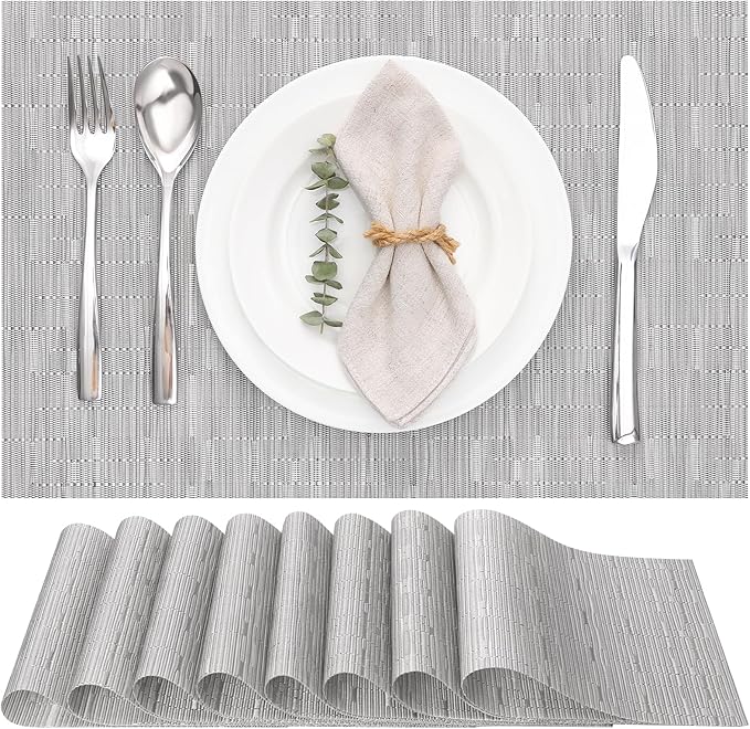 Myir JUN Placemats Set of 8, Vinyl Woven Placemats Place Mats Indoor Set of 8 Washable Table Mats Non-Slip Place mats for Dining Table (Silver, Set of 8)